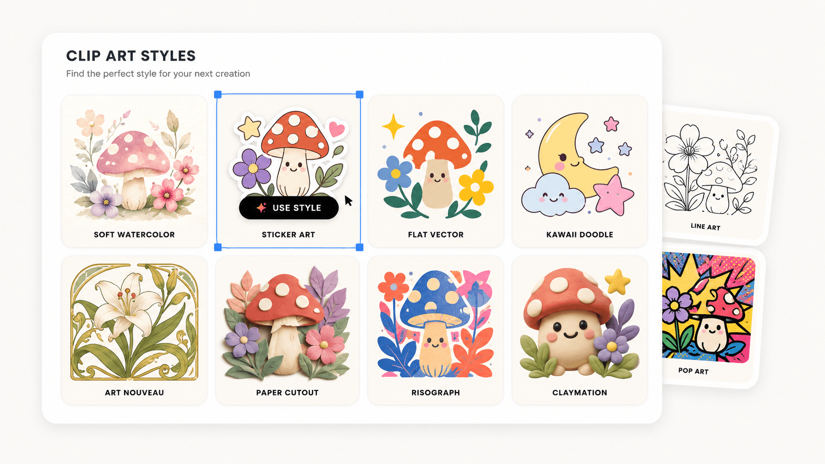 All-styles showcase grid of Optimsy Clip Art Studio output samples