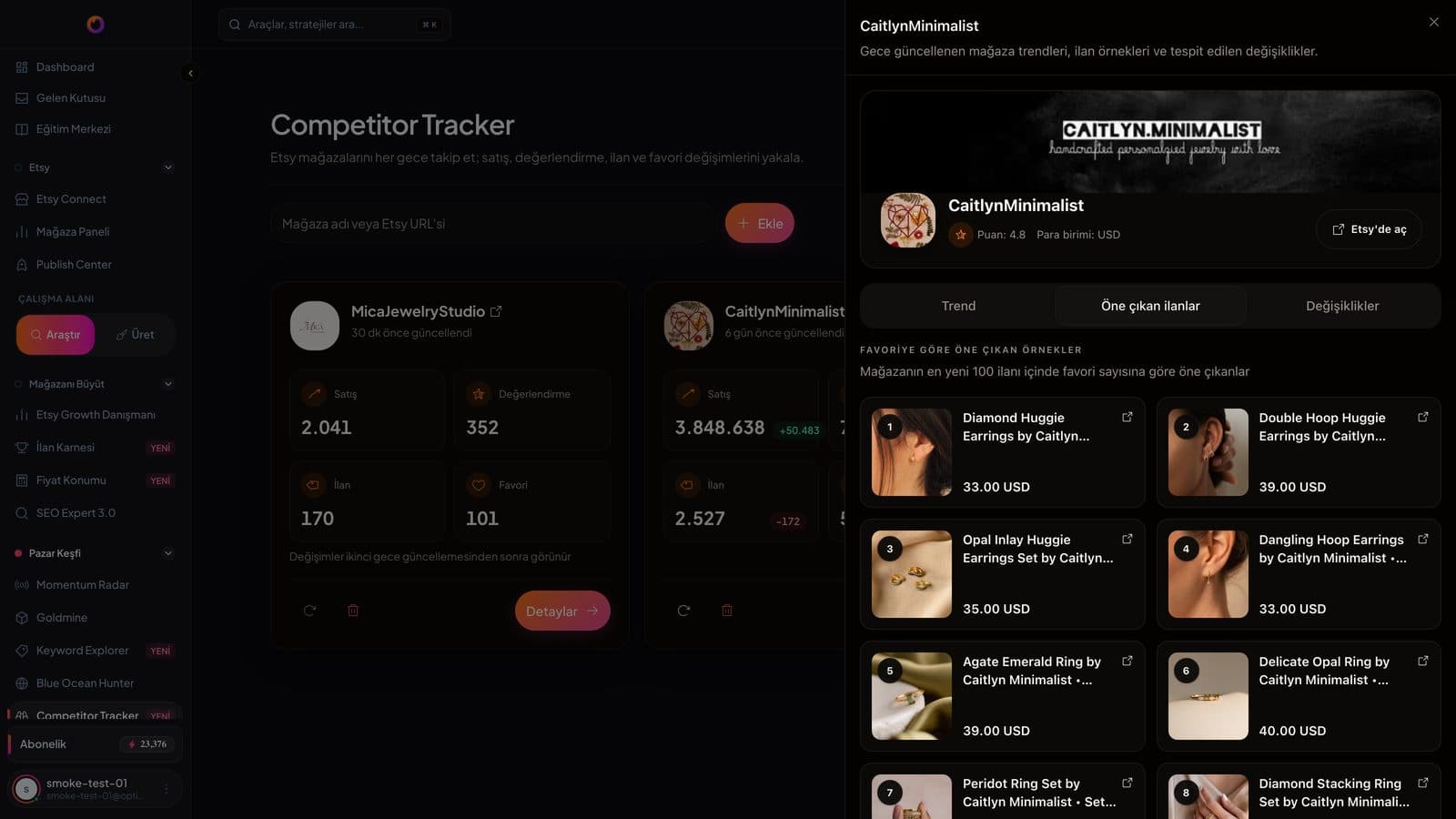 Takip edilen bir mağazanın ayrıntı ekranı: metrik seçicili 30 günlük trend grafiği ve değişim akışı