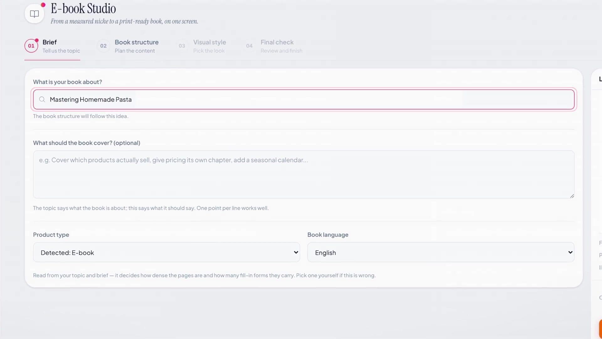 E-book Studio's brief step: topic field, optional coverage notes, detected product type and book language