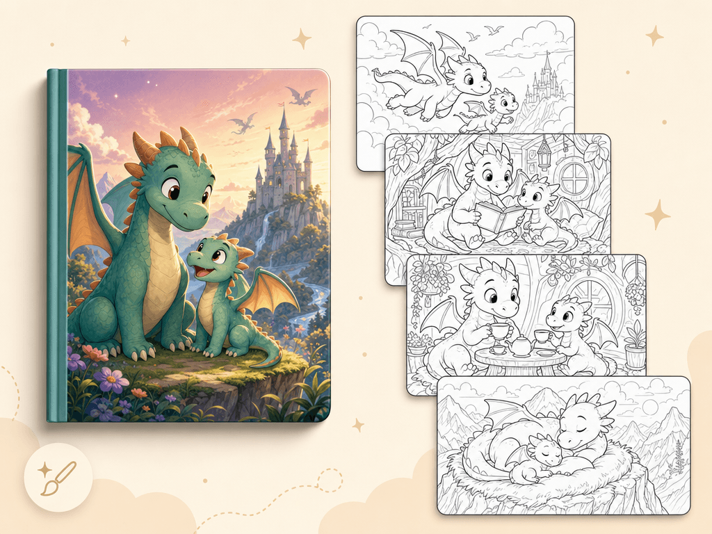 Coloring Book character consistency — one colorful cover featuring recurring dragon characters, plus four black-and-white interior page previews where the same characters appear in different scenes