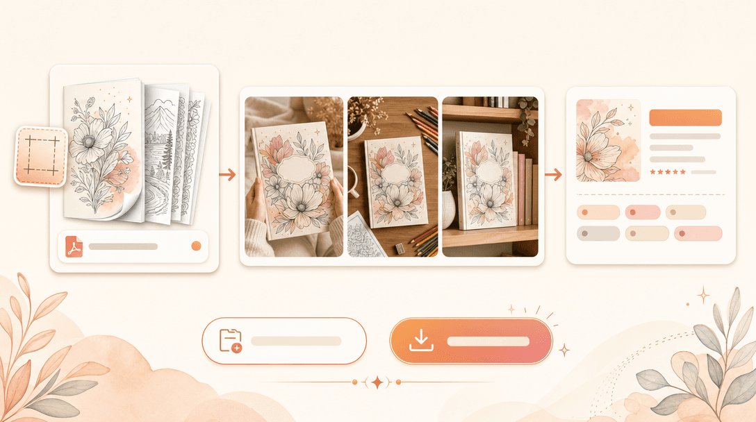 Coloring Book KDP export and listing workspace — PDF booklet export card, trim-size badge, product mockup thumbnails, and listing SEO preview card