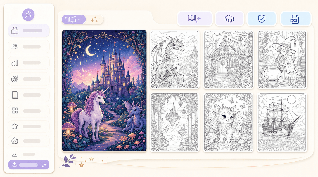 Coloring Book workspace — left control panel with audience, style, complexity, and page format controls, central canvas with cover and interior page thumbnails, character and template access