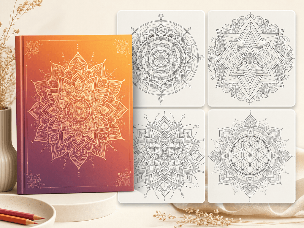 Adult mandalas use case — More intricate pages built for calm, detail, and repeatable style - sized for the adult coloring book market.