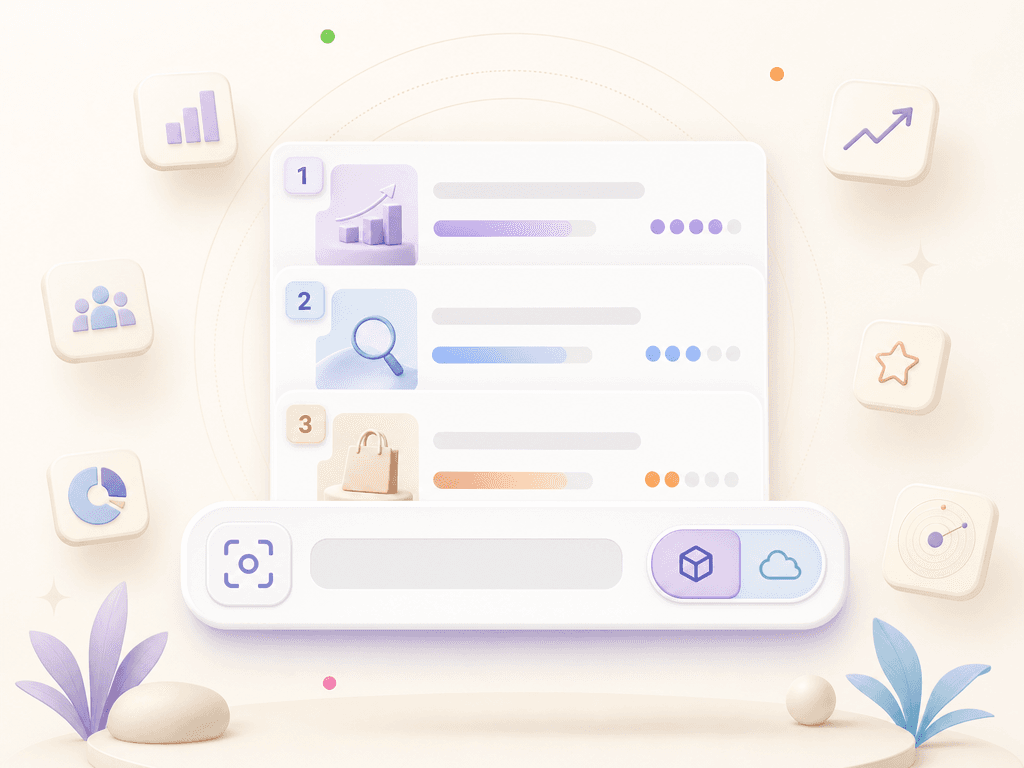 Goldmine niche discovery preview — scan input, ranked opportunity cards, growth indicators, scatter dot motifs