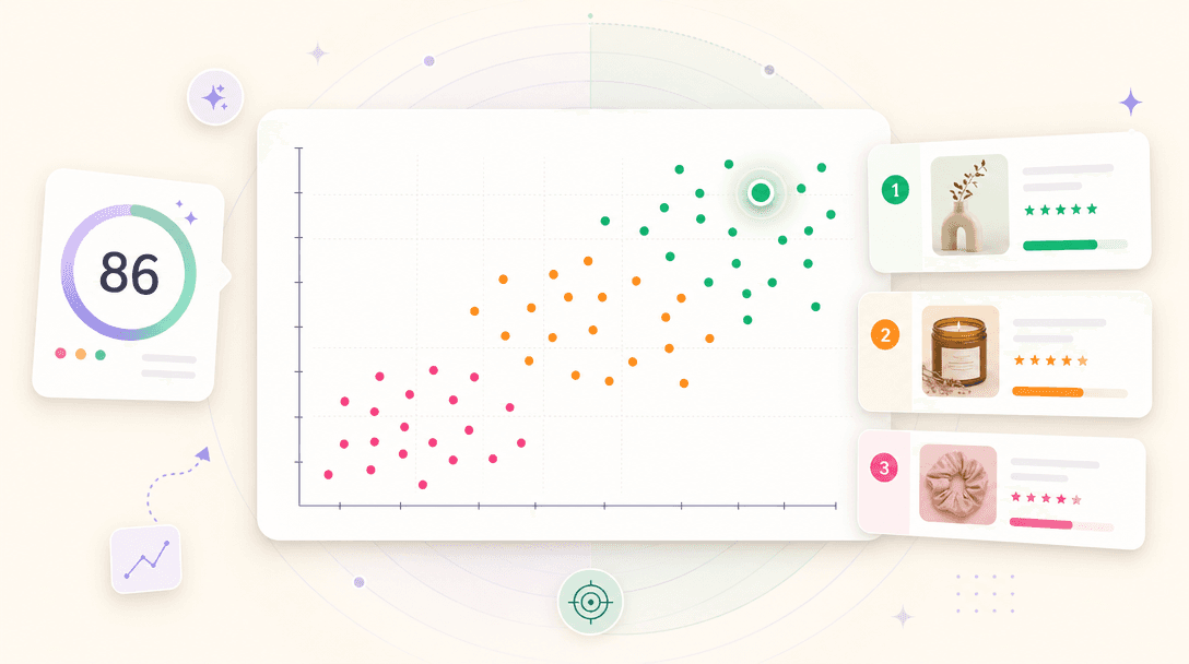 Goldmine scatter map — competition vs growth axes with green, orange, and magenta dots showing opportunity zones, niche score widget floating beside it
