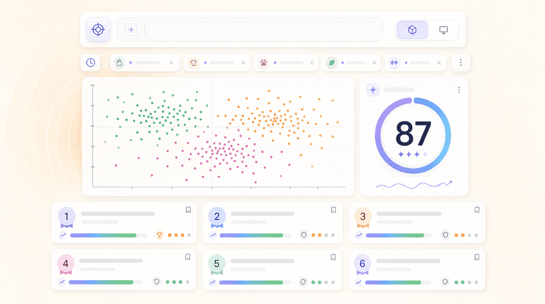 Goldmine workspace dashboard — scan input, recent scans history strip, scatter plot, niche score widget, ranked opportunity cards grid