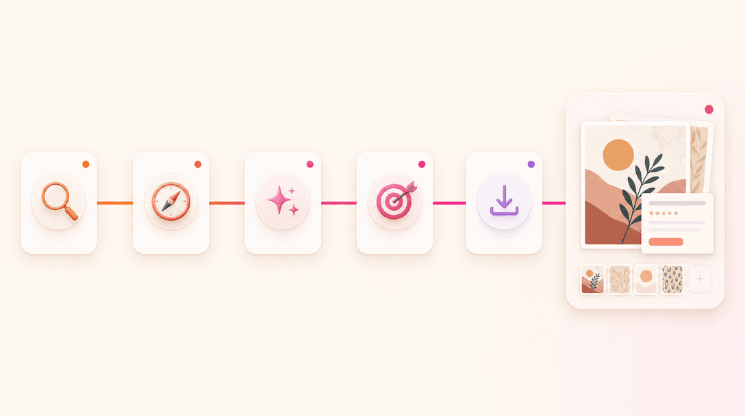 Connected workflow map - 5-stage flow from discover to export with gradient connector line and rounded tool node cards