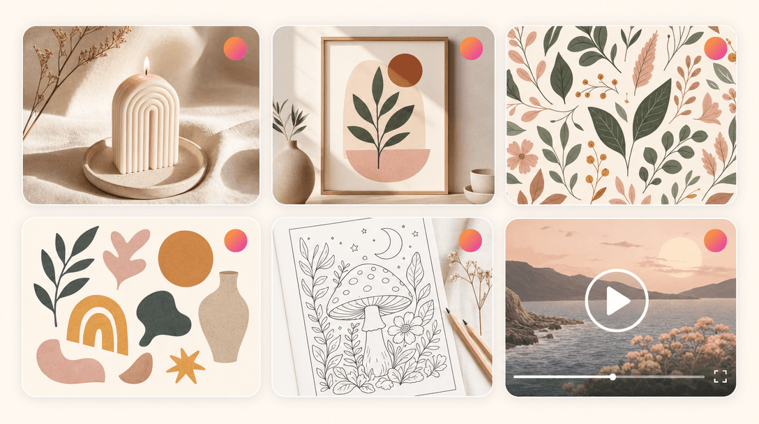Create tools collage - product photography, wall art, patterns, clip art, coloring book pages, and video preview frames in rounded white cards