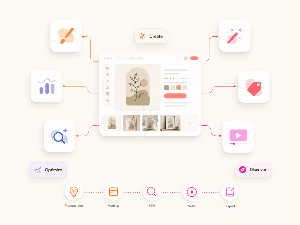 Optimsy ecosystem preview - central workspace card surrounded by floating tool cards for product creation, optimization, and discovery, connected by gradient lines