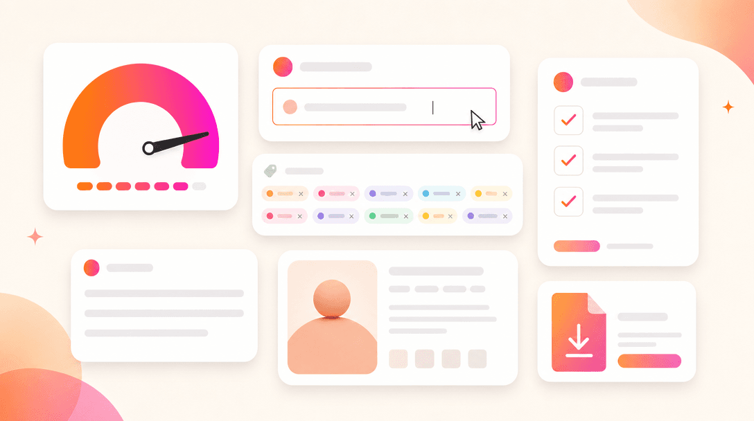 Optimize tools collage - SEO score, title field, 13 tag chips, description card, listing draft, export pack, mockup checklist