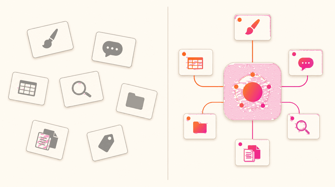 Scattered vs connected workflow comparison - chaotic separate tool cards on the left, connected Optimsy workspace on the right with gradient lines