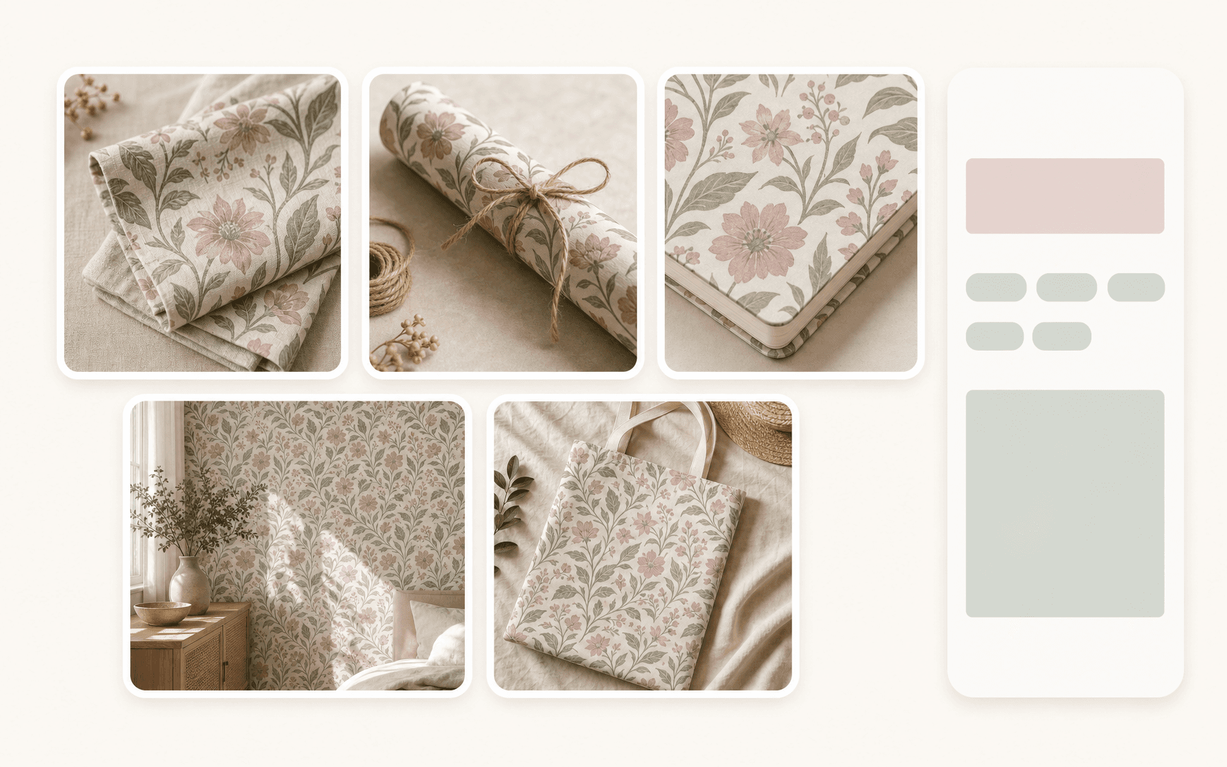 Pattern Studio listing mockups and SEO output — hero, lifestyle, fabric, packaging, and wall art mockup tiles with an Etsy SEO output panel