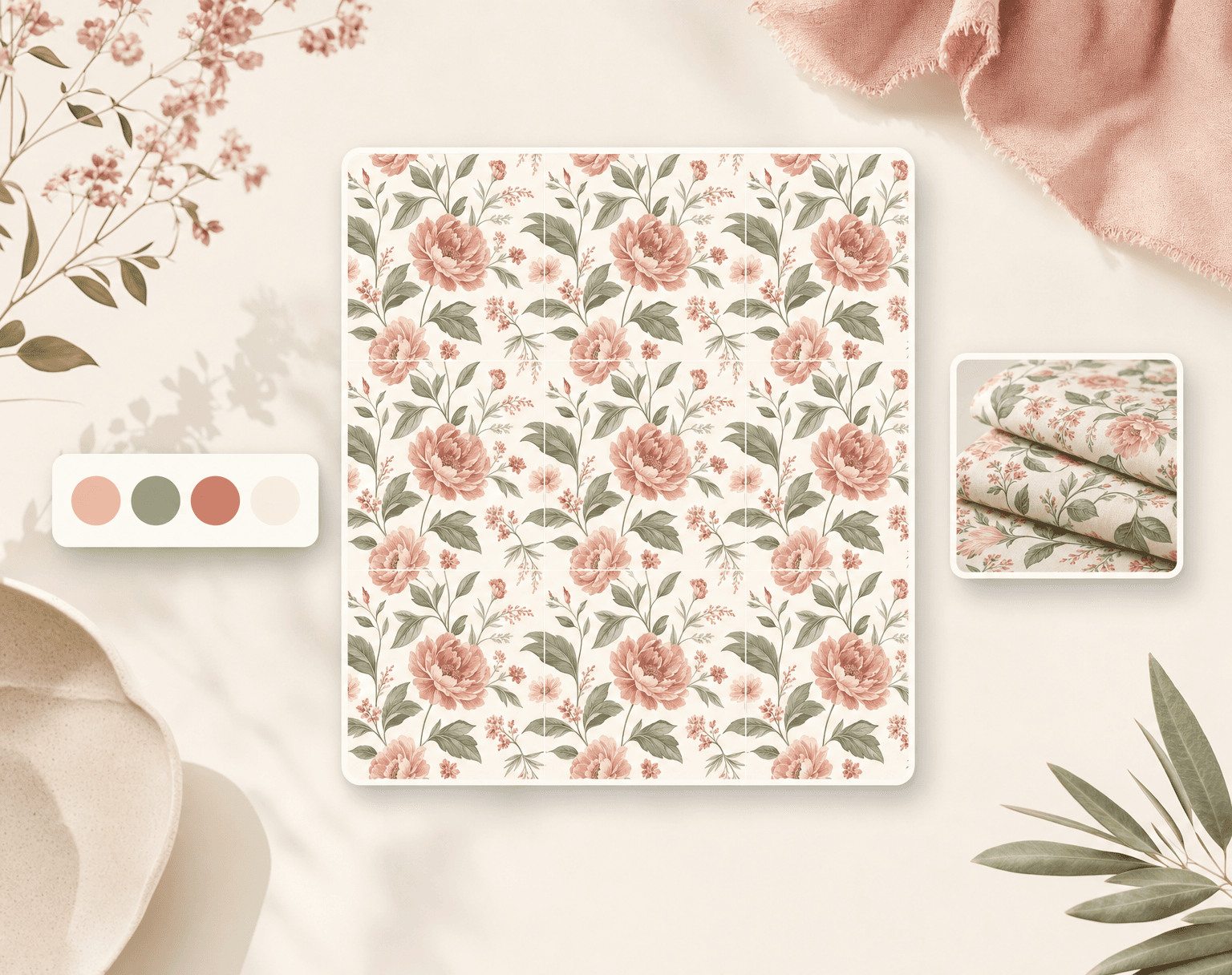 Pattern Studio workspace preview — seamless tile pattern, palette swatches, listing mockup thumbnail, listing-ready pack