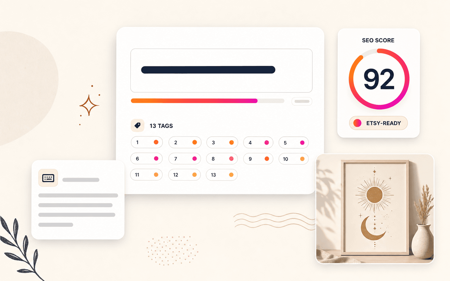 SEO Expert 3.0 workspace preview — optimized title, 13 ranked tags with score dots, SEO score 92, listing-ready boho wall art product mockup