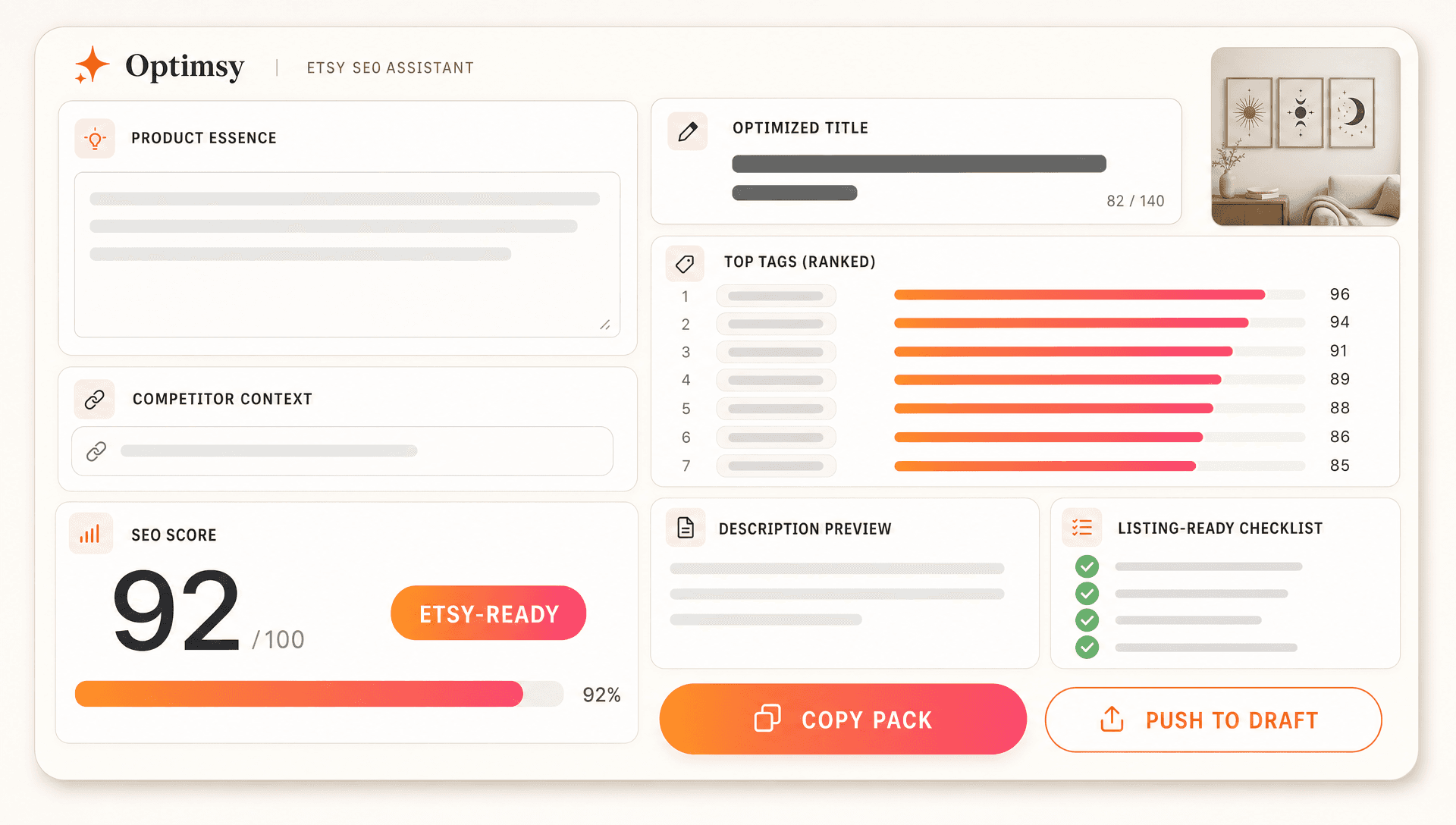 SEO Expert 3.0 workspace dashboard — product essence input, competitor context, animated SEO score 92, ranked tag list with score bars, optimized title, description preview, listing-ready checklist, copy pack and push to draft action buttons