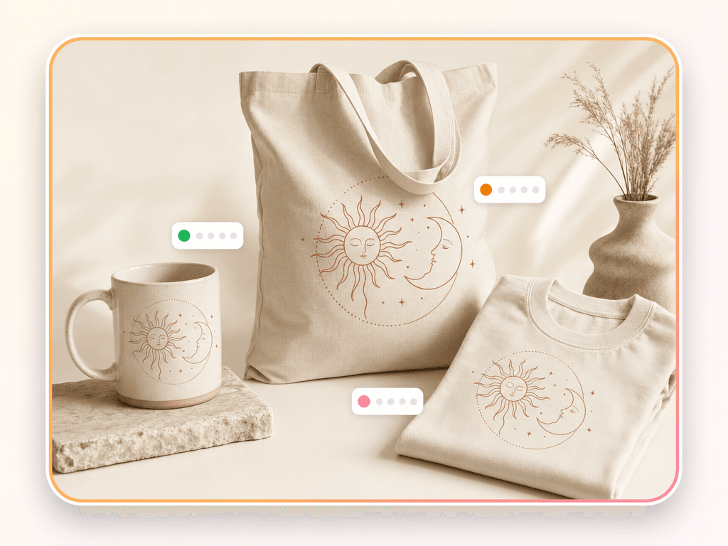 POD sellers use case — Product-first titles for mugs, tees, and totes - with the print theme woven into tags.