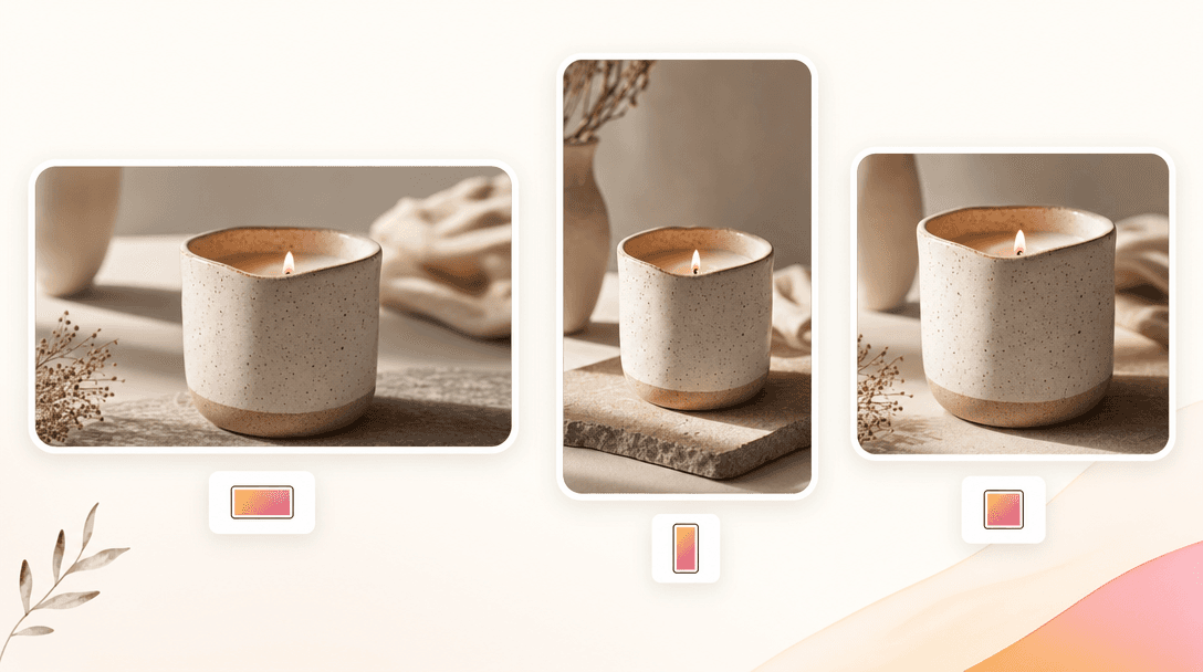 Three aspect ratio frames showing the same product video adapted to 16:9 landscape (listing), 9:16 vertical (reel or story), and 1:1 square (feed post)