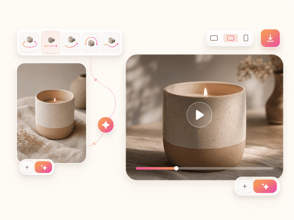 Video Studio hero preview - source image transitioning into a cinematic product video frame with camera motion chips, duration toggle, and aspect ratio controls