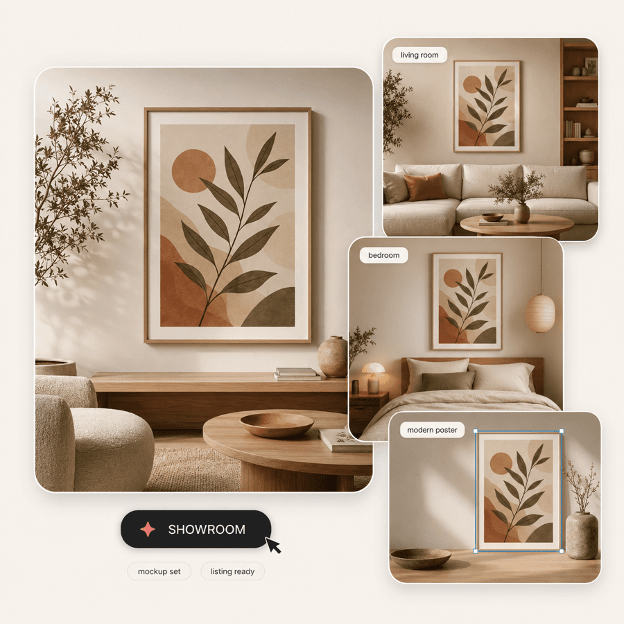 Botanical wall art in room mockups