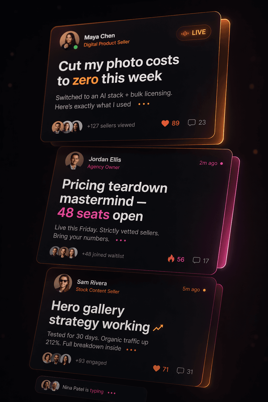Three stacked feed cards showing Optimsy Social posts from verified Etsy sellers
