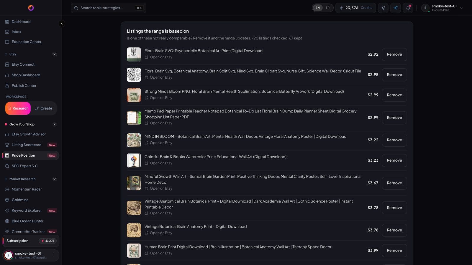 The listings a Price Position range is built from, each with its price, a link to Etsy and a Remove button